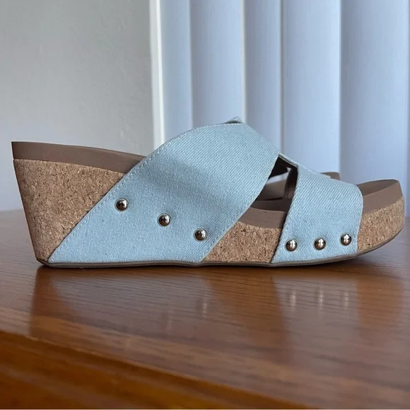 Corkys Bonnie Studded Wedge Sandal Light Blue Denim Size 9 - Picture 4 of 15